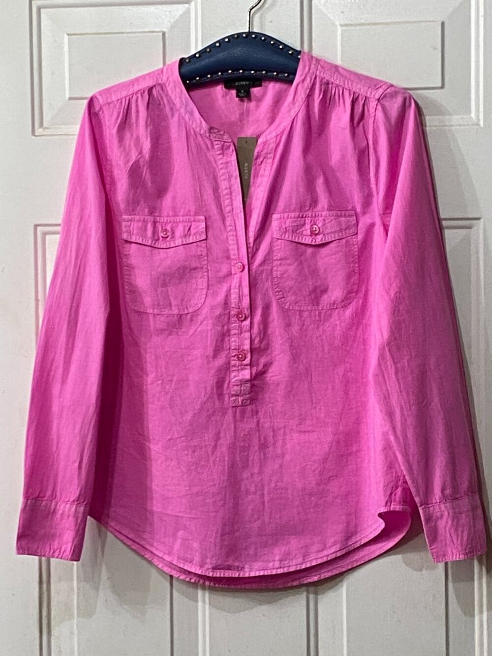 NWT J.Crew Sz S Womens Blouse Popover Long Sleeve Neon Flamingo Pink Cotton